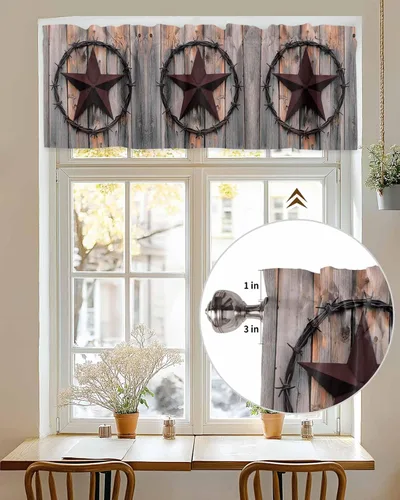 Vista 4 de Cortina de cenefas de estrella de campo occidental para cocina, cafetería, estrellas de hierro rústico en madera para puerta de granero, cenefa