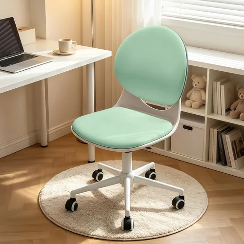 Vista 11 de Silla moderna de oficina en casa, silla de escritorio de tela de piel sintética sin brazos con respaldo medio, silla giratoria de altura ajustable