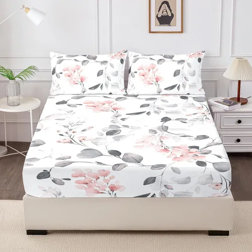 Vista 11 de Sábana bajera ajustable floral con fundas de almohada, 100% microfibra cepillada, sábana bajera ajustable con bolsillo profundo, ultrasuave