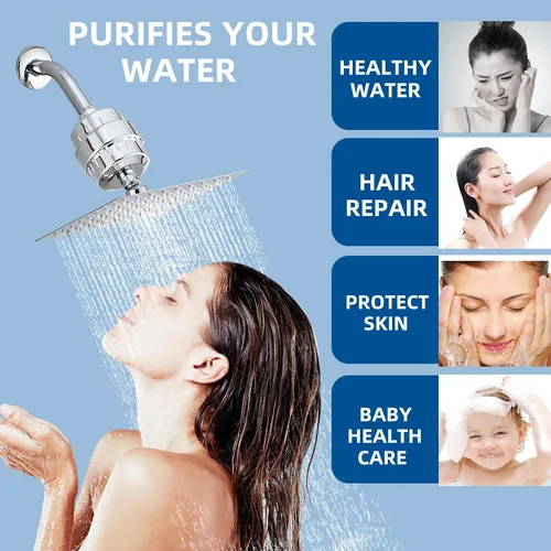 Vista 6 de Filtro de ducha para agua dura, dos cartuchos de repuesto, filtro de agua de ducha de alto rendimiento, plateado, elimina cloro y flúor (negro)