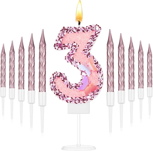 Vista 8 de Amylove Vela de cumpleaños número 0, decoración de pastel de mariposa con purpurina rosa con 10 velas delgadas, decoraciones de cumpleaños número 0