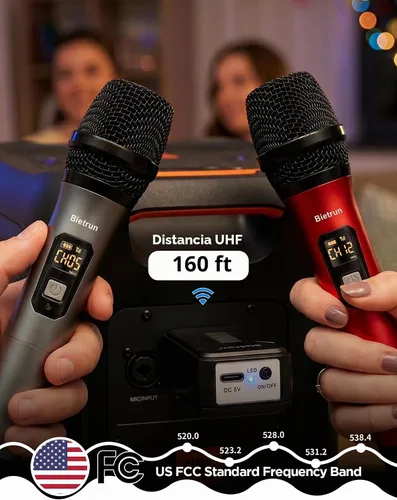 Vista 2 de Bietrun Micrófono inalámbrico, juego profesional de micrófonos UHF de metal, de mano, doble, inalámbrico, dinámico, con receptor recargable, salida