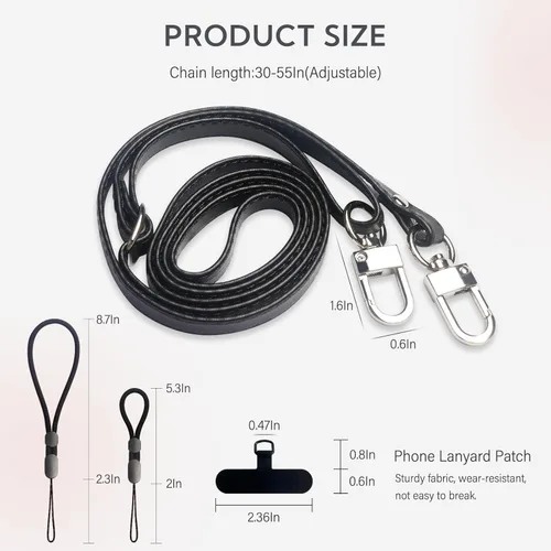 Vista 2 de Correa cruzada para teléfono con 2 almohadillas, cuero y correa de dedo ajustable, compatible con la mayoría de teléfonos inteligentes (negro)