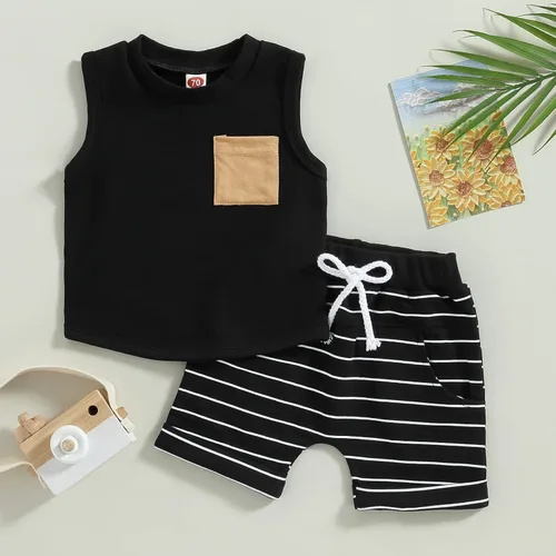 Vista 2 de Conjunto de pantalones cortos para niños pequeños, camiseta estampada junto al mar, 2 piezas, ropa de verano