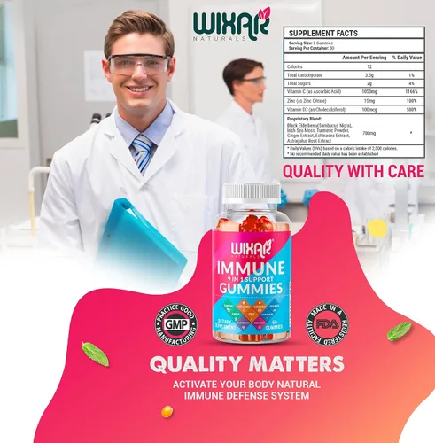 Vista 6 de WIXAR NATURALS Gomitas de apoyo inmunológico 9 en 1 con saúco, vitamina C y D, zinc, cúrcuma, jengibre, equinácea, astrágalo y musgo marino