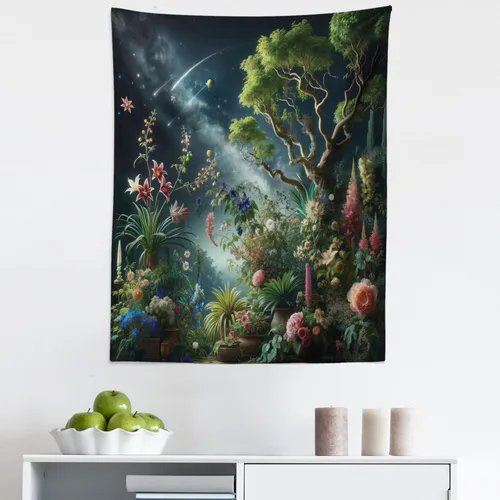 Vista 154 de Ambesonne Tapiz verde, fases lunares alrededor de un árbol de la vida, impresión de diseño bohemio de astrología nocturna, decoración de tela