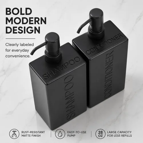 Vista 6 de Dispensador rectangular de resina para baño, champú y acondicionador de baño, botella de lavado corporal, diseño moderno de bomba recargable Negro