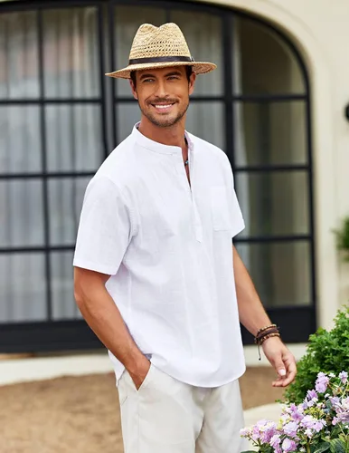 Vista 8 de COOFANDY - Camisetas henley de algodón y lino para hombre, manga corta, con bolsillo, de estilo hippie, informal, para la playa