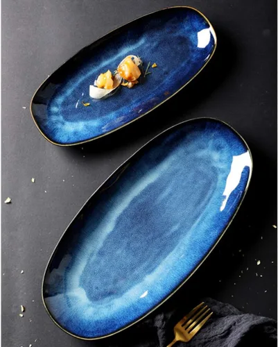 Vista 8 de Cabilock Bandeja de pescado Placa de sushi de cerámica Blue Black Snack Serving Plate para fiesta de boda