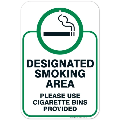 Vista 16 de Letrero designado para zona de fumar, letrero con texto en inglés "Please Use Cigarrette Bins Sign", 10 x 7 pulgadas, libre de óxido, aluminio 040