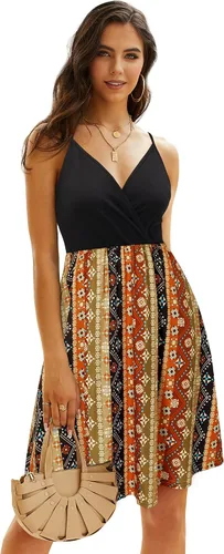 Vista 3 de II ININ vestido de verano con cuello en V, para mujer, estilo informal, de tubo, floralliso, con tirantes delgados, vuelos y bolsillos