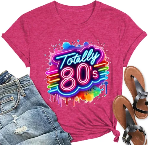 Vista 6 de Camiseta retro de los años 80 para mujer, camiseta vintage de neón de los años 80, camiseta de fiesta temática rave, camiseta de cuello redondo