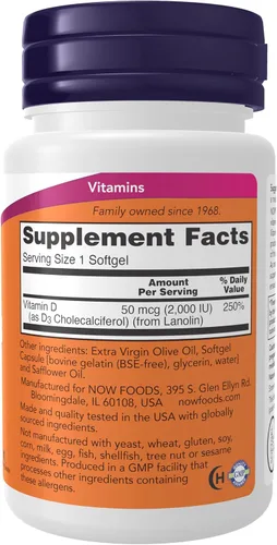 Vista 2 de NOW Foods Suplementos, Vitamina D-3 2,000 UI, Alta Potencia, Soporte Estructural*, 30 Cápsulas Blandas
