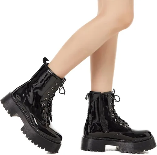 Vista 6 de KEIIYJ Botines gruesos de combate con cordones de plataforma para mujer en negro (KEY1)