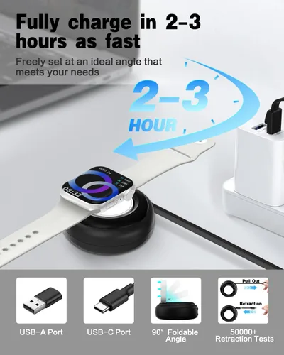 Vista 4 de Jasput Cargador de Apple Watch, cable USB C retráctil, cargador magnético inteligente de carga rápida, para iWatch Ultra Series