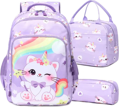 Vista 20 de Juego de mochila para niñas y adolescentes, mochila escolar para niños con bolsa para el almuerzo, estuche para lápices, mochilas escolares