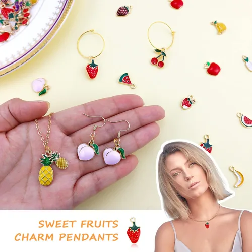 Vista 4 de JIALEEY 60 dijes de frutas chapados en oro surtidos esmaltados mezclados con manzana, plátano, piña, fresa, uva, melocotón, colgante, bricolaje
