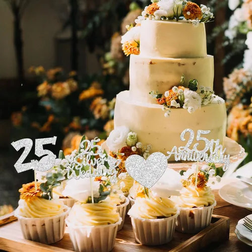 Vista 7 de Gyufise 24 adornos plateados para cupcakes de 25 aniversario, boda, aniversario de 25 años, decoración de pastel de corazón para 25 decoraciones