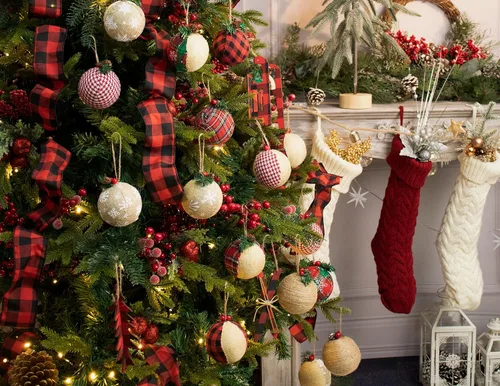 Vista 2 de 12 adornos rústicos para árbol de Navidad, decoración navideña estilo granja, bola navideña de arpillera de yute natural
