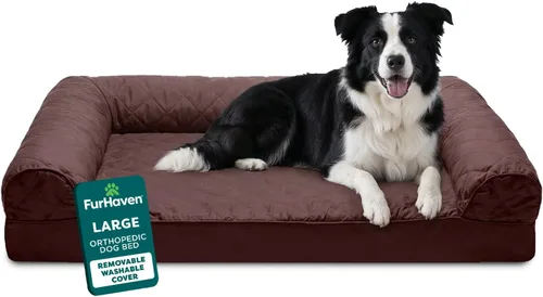 Vista 17 de Furhaven - Cama ortopédica para perros, estilo sofá, acolchada, con funda extraíble y lavable, marrón tostado, tamaño jumbo (XL)