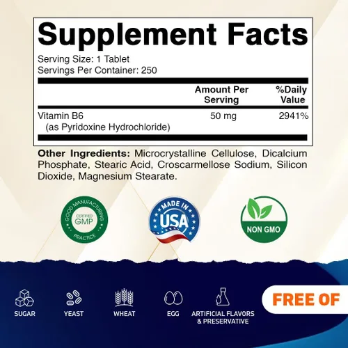 Vista 2 de Vitamatic Vitamina B6 (Piridoxina HCI), 50 mg 250 tabletas vegetarianas - Promueve la producción de energía, aumenta el metabolismo y el apoyo a