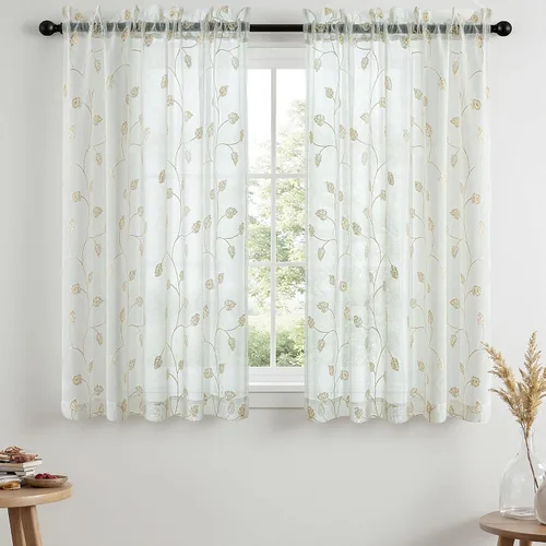 Vista 83 de VISIONTEX 2 paneles de cortinas traslúcidas de 63 in de largo, cortinas de gasa semitransparentes bordadas con hojas florales beige, bolsillo