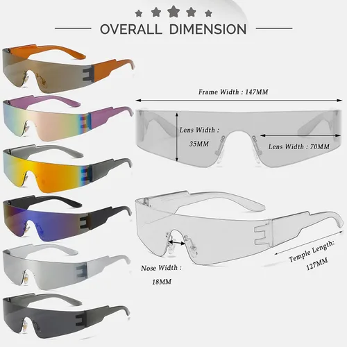 Vista 6 de Kursan Gafas de sol envolventes para mujeres y hombres, de una pieza, sin marco, parte superior plana, gafas de protección Y2K futuristas con espejo