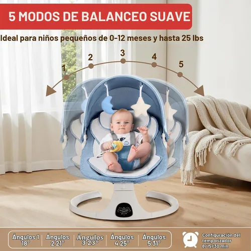 Vista 3 de Cuna con columpio para bebé 3 en 1 multifuncional, portátil con control remoto, cinturón de seguridad de 5 puntos, 5 balanceos automáticos