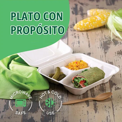 Vista 3 de Recipientes de alimentos 100% compostables para llevar [8 x 8 pulgadas, 3 compartimentos, paquete de 50 unidades], contenedores de calidad