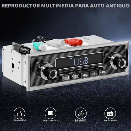 Vista 4 de Radio retro vintage para vehículo clásico – Estéreo de coche Bluetooth de un solo DIN con AM FM USB AUX EQ subwoofer salida RCA