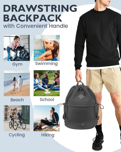 Vista 6 de Mochila deportiva con cordón, bolsa de gimnasio con compartimento para zapatos y bolsillo húmedo, bolsa de natación para mujeres y hombres, mochila