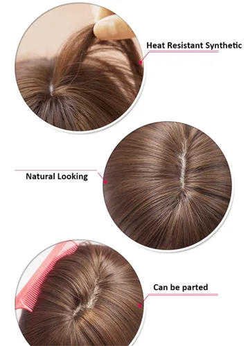 Vista 4 de Extensiones de pelo de 14 pulgadas con flequillo lateral para mujer, parte superior sintética para pérdida de cabello, cabello con clip, marrón