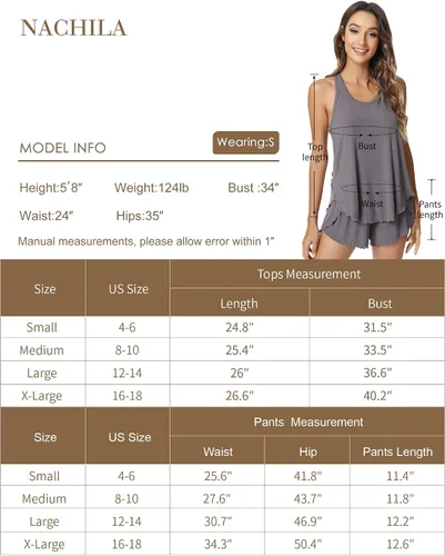 Vista 2 de NACHILA Conjunto de pijama para mujer, camiseta sin mangas de bambú acanalada con espalda cruzada y pantalones cortos, ropa de dormir sin mangas