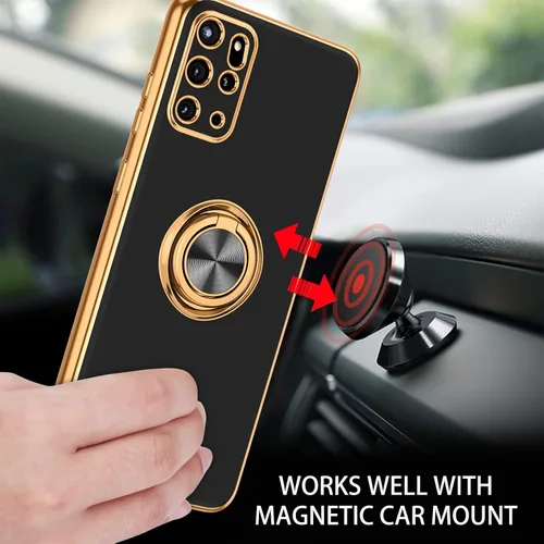 Vista 5 de DUEDUE Funda para Samsung Galaxy S20 Plus con soporte de anillo, rotación de 360 grados, dedo magnético para coche, TPU suave, delgada, funda Negro