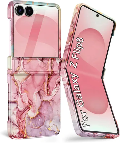 Vista 31 de Btscase Funda para Samsung Galaxy Z Flip 6, protector de pantalla frontal integrado, patrón de mármol dorado con purpurina de policarbonato duro