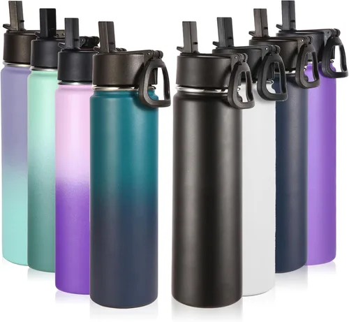 Vista 47 de Volhoply Botella de agua aislada de 24 onzas con tapa con popote, botellas deportivas de boca ancha de acero inoxidable con asa, tazas de vacío