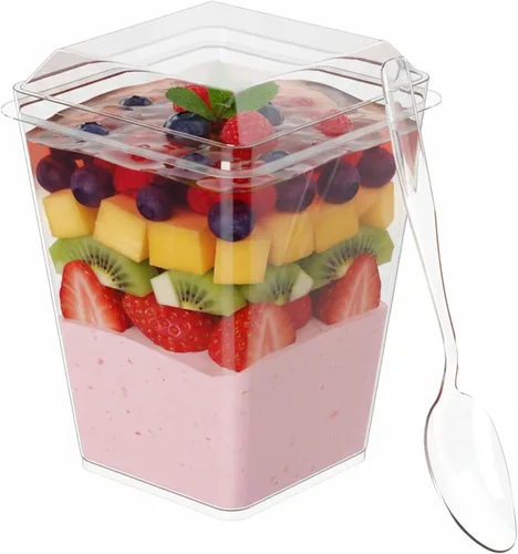 Vista 7 de Zappy Paquete de 100 vasos de postre de plástico de 5 onzas con tapas y cucharas, vasos de aperitivo/parfait para fiestas, tiradores de postres