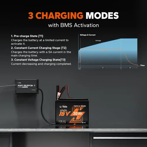 Vista 4 de LiTime Cargador de batería de litio de 12V 16V 5A, cargador impermeable de CA a CC LiFePO4 con voltaje ajustable, activación inteligente BMS e