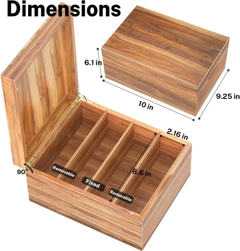 Vista 4 de Neando Organizador de tarjetas de índice de 5 x 8 con tapa, caja de almacenamiento de madera de acacia extragrande con 4 compartimentos, 20 pestañas