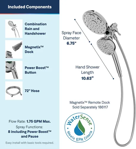 Vista 3 de Moen Magnetix - Cabezal de ducha cromado de 8 funciones y ducha de mano extraíble con spray de limpieza Power Boost, 260C1EP