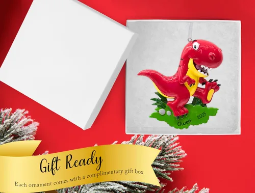 Vista 3 de Adorno navideño personalizado de dinosaurio velociraptor T-Rex 2026 – Personalización gratuita Divertido animal jurásico rojo Dino Trex para árbol