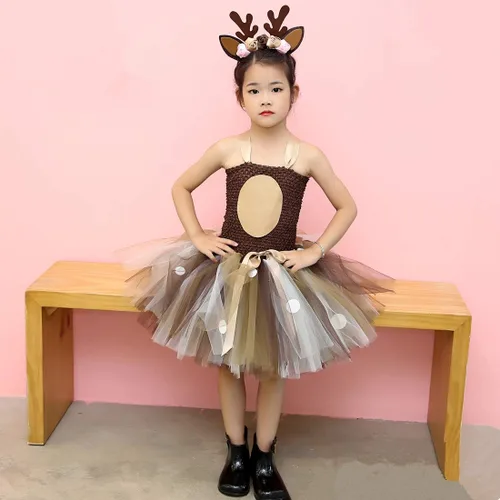 Vista 8 de HJTT Animal Costume for Girls Halloween Christmas Jungle Party Clothes Kids Fancy Deer Tutu Dress Up
