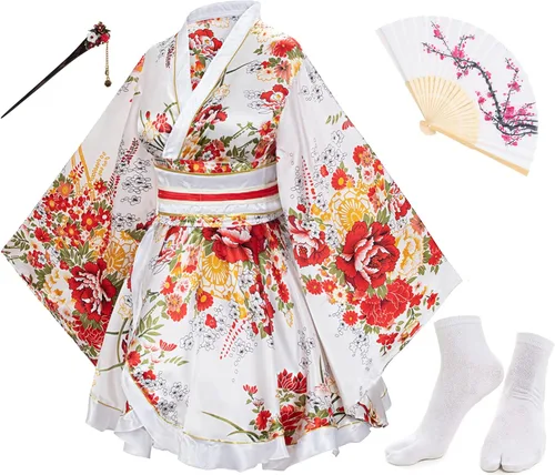 Vista 11 de Elibelle - Kimono de baile de anime japonés para mujer, bata, vestido elegante, abanicos de seda plegables de mano, juego de calcetines con tabi