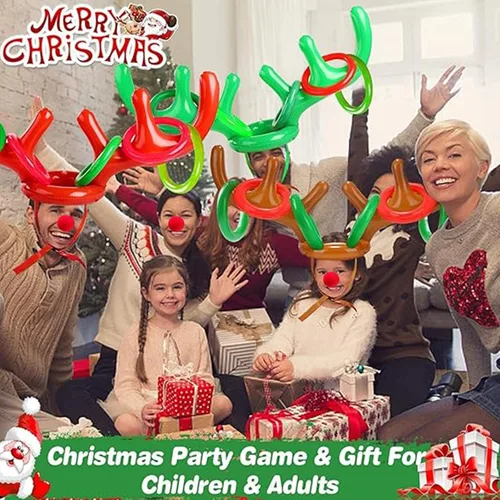 Vista 8 de Juego de 18 piezas de 3 anillos inflables de cornamenta de reno para lanzar juegos de fiesta de Navidad, juguetes familiares para niños, relleno