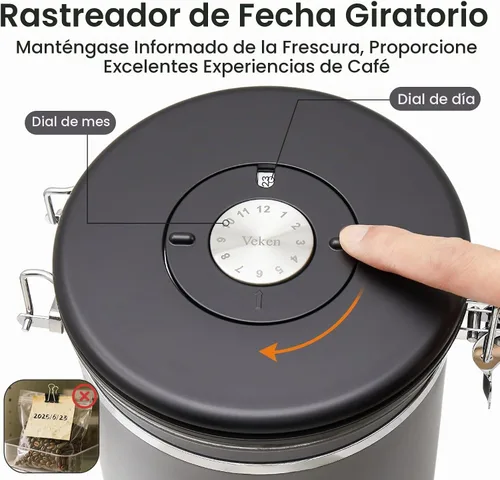 Vista 6 de Veken - Recipiente hermético para café de acero inoxidable, contenedor de almacenamiento de alimentos para la cocina con registro de fecha y cuchara