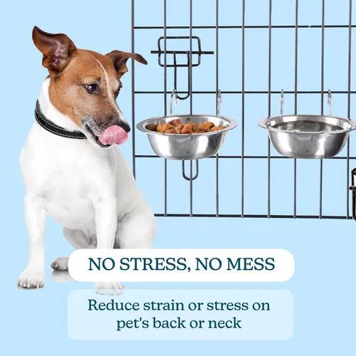 Vista 5 de petmaker Tazones para mascotas colgantes de acero inoxidable para perros y gatos - Jaula, perrera y alimentador de canastas para alimentos y agua