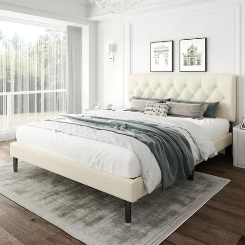 Vista 10 de CXVX Marco de cama de tamaño matrimonial con estructura de plataforma y cabecera tapizada, diseño con botones, listones de madera resistentes,