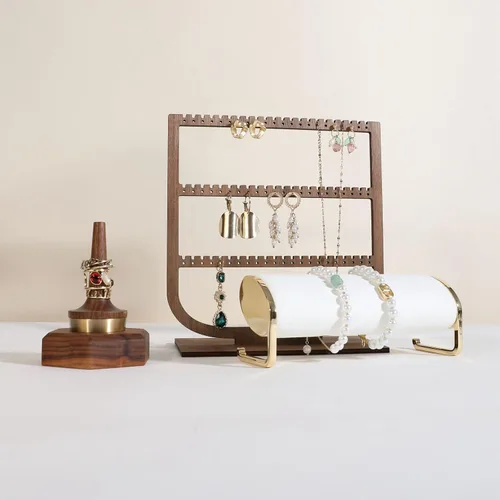 Vista 3 de GemeShou organizador colgante de madera de la joyería, tenedor de exhibición de la joyería de la nuez para la venta, estante de almacenamiento