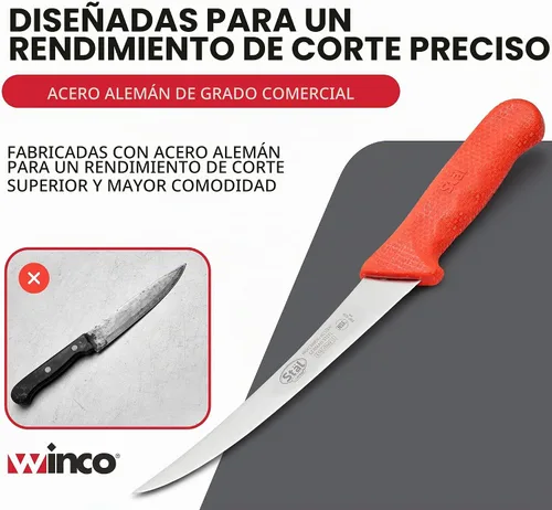 Vista 7 de Winco Cuchillo de deshuesado de acero alemán de grado comercial de 6 pulgadas, curvado, rojo