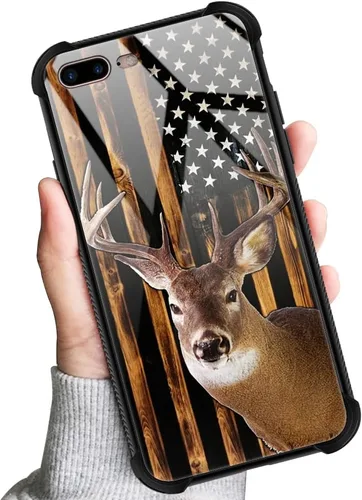 Vista 6 de Funda compatible con iPhone 8, a prueba de golpes, antiarañazos, bandera de ciervos de cola blanca de grano de madera estadounidense